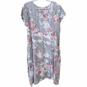 Blueberry italia 100% linen gray floral dress Italy Italian made large pockets